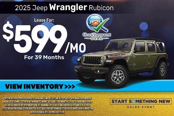 Lease a 2025 Jeep Wrangler Rubicon for $599/mo for 39 Months